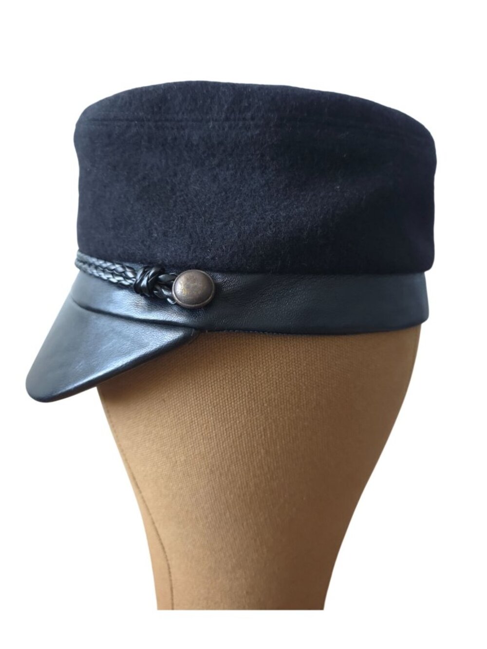 Eugenia Kim Elyse Black Camel Hair & Leather Fisherman Fiddler Cap Sz 7-1/8 - Picture 2 of 9